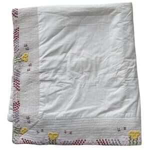 Sferra Baby Blanket Embroidered Flowers Smocked Cottage Shabby White Cotton Vtg